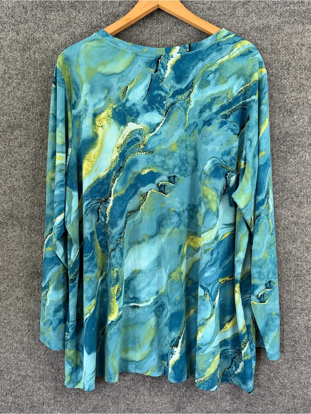 Susan Graver Womens 3X Liquid Knit Long Sleeve Top Teal Green Marble Stretch - Picture 2 of 7